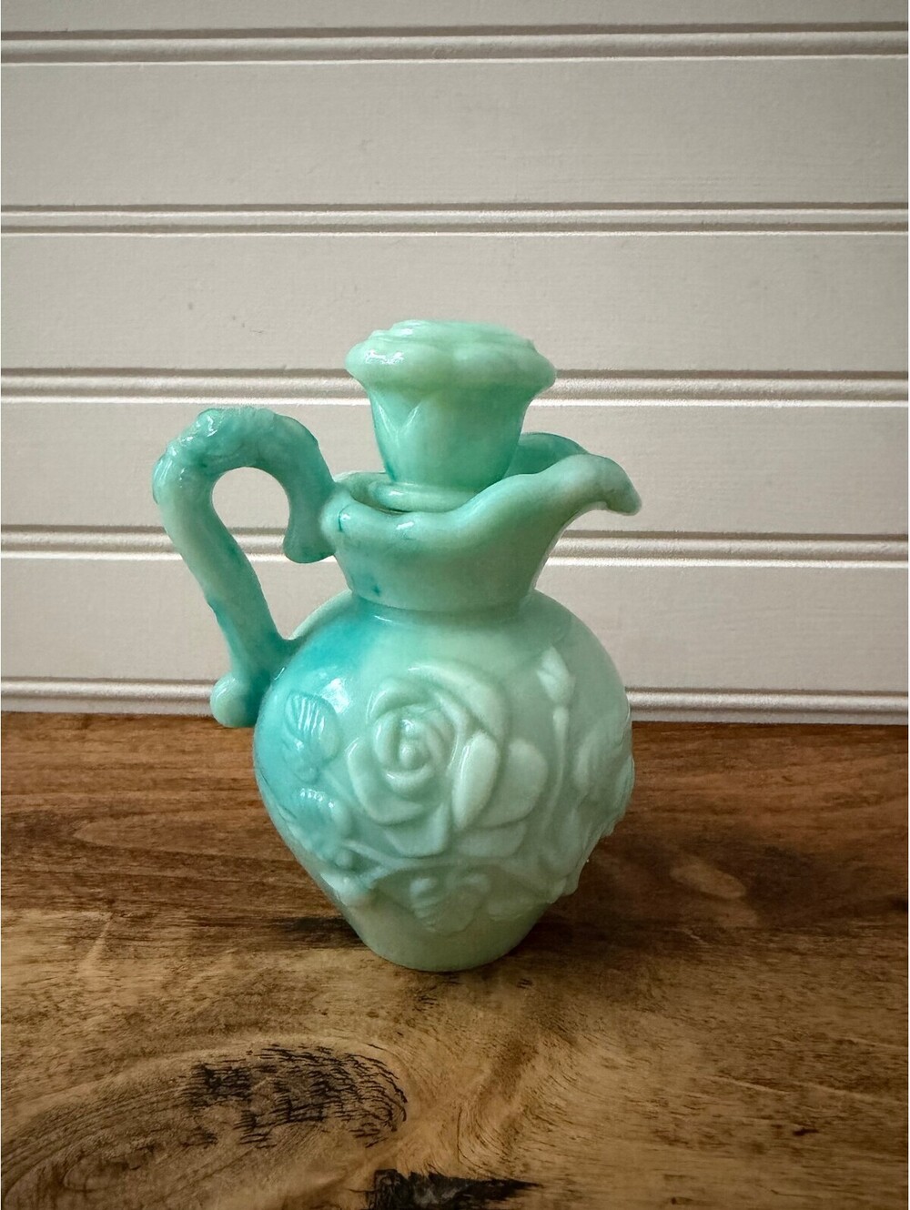 Vintage Avon Jadeite Green Slag Milk Glass Rose Pitcher 5"